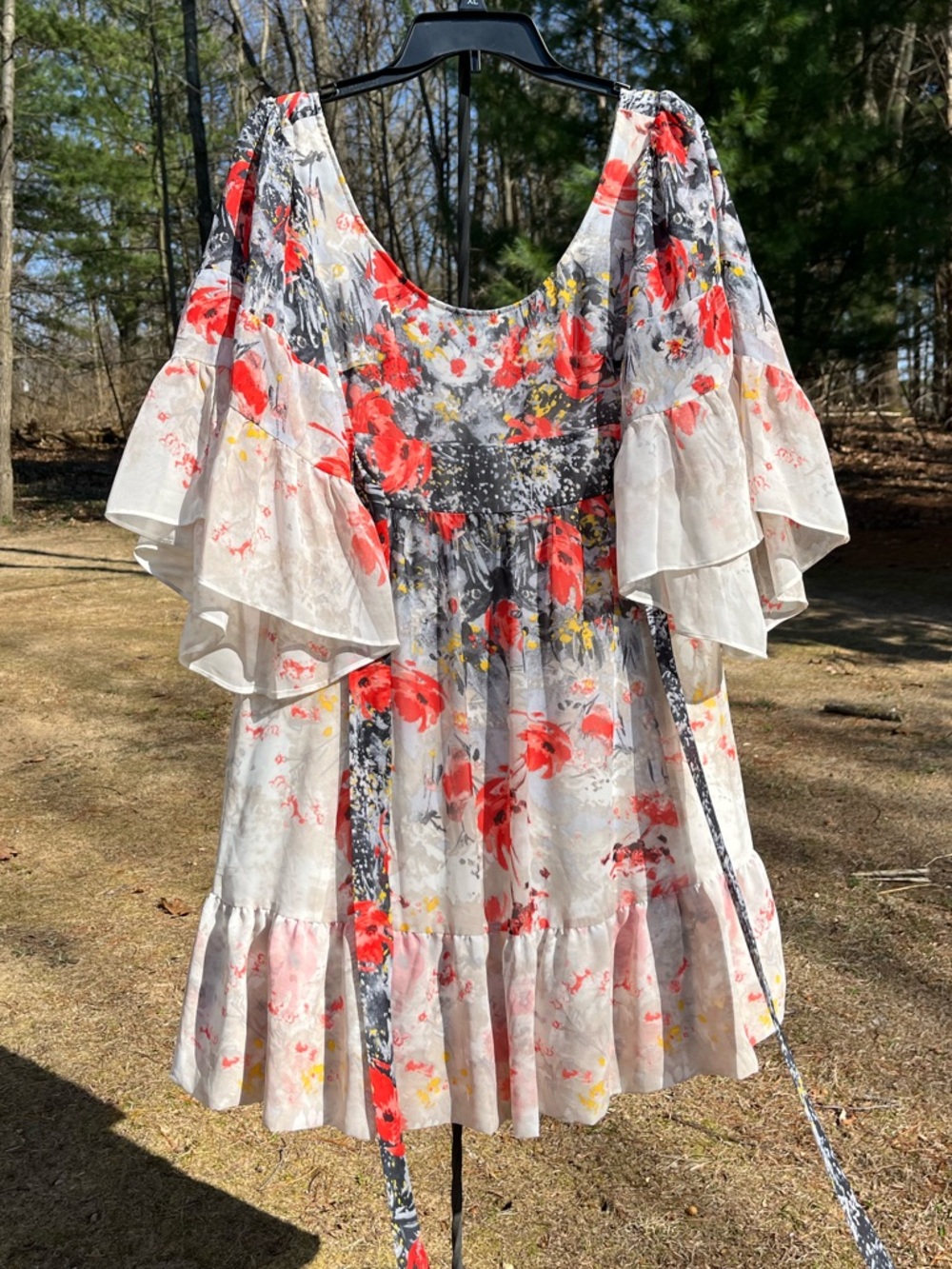 Y2K Betsey Johnson Bell Sleeve Watercolor Floral Tiered Midi Dress Size 8